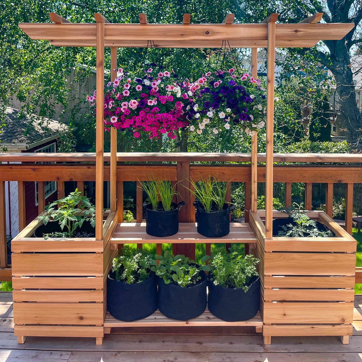 outdoor plant stand with grow bags instead of pots