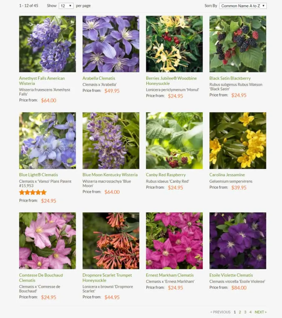 screenshot of online website with plant search