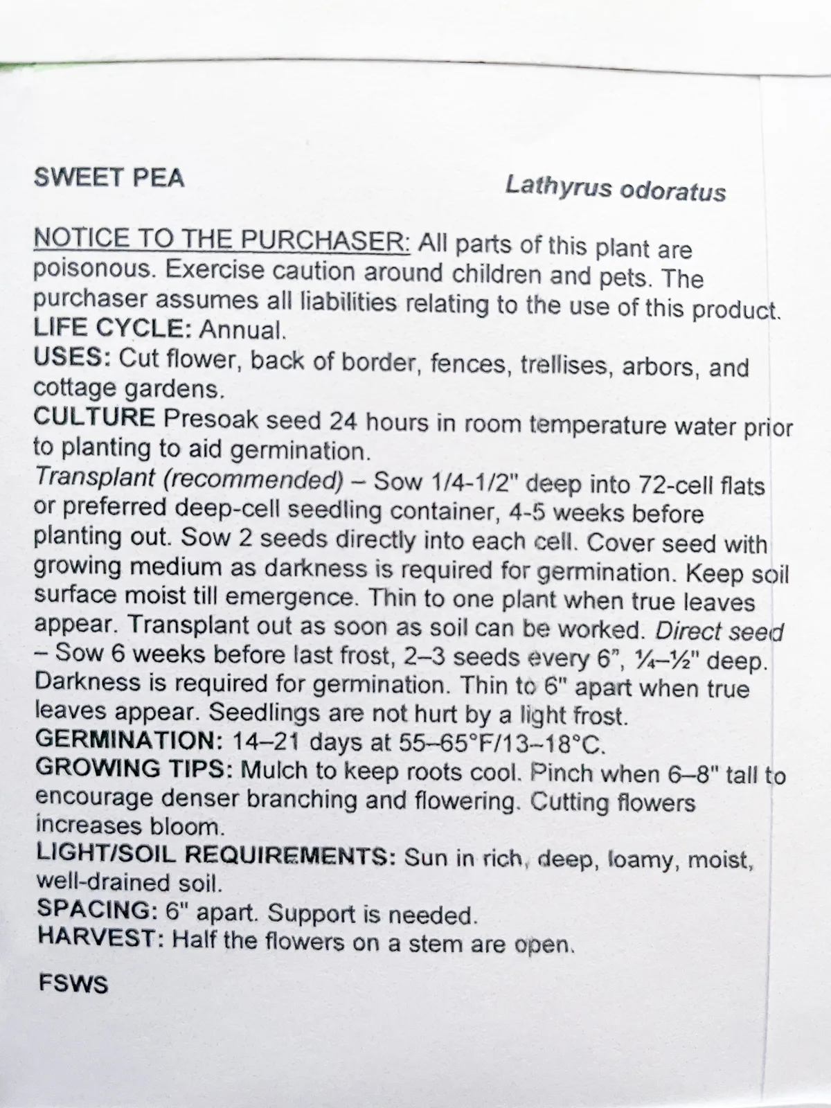 sweet pea seed packet planting instructions