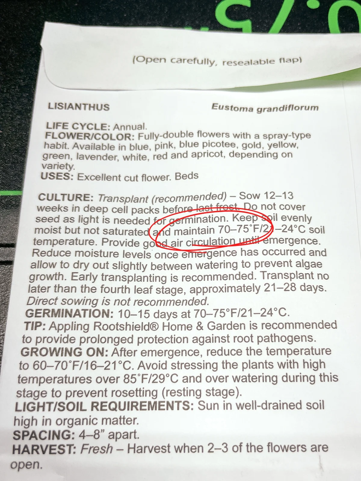 lisianthus seed packet with recommended soil temperature circled