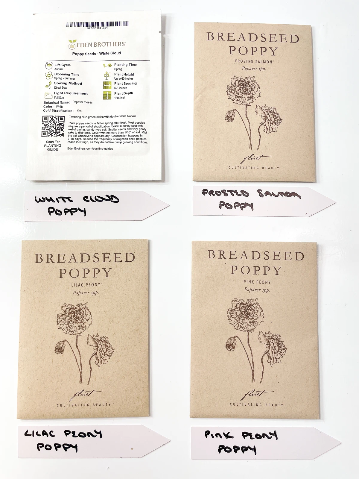 four different types of poppy seeds with labels