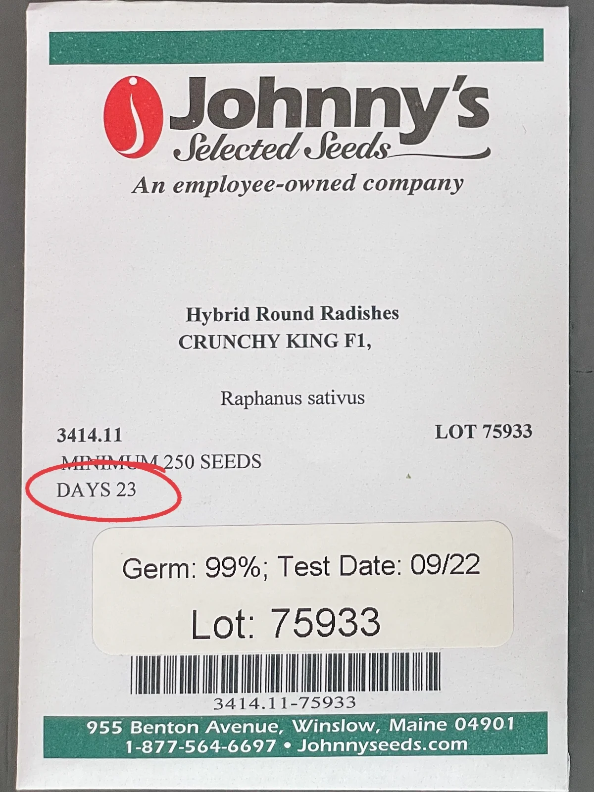 radish seed packet with days to maturity circled