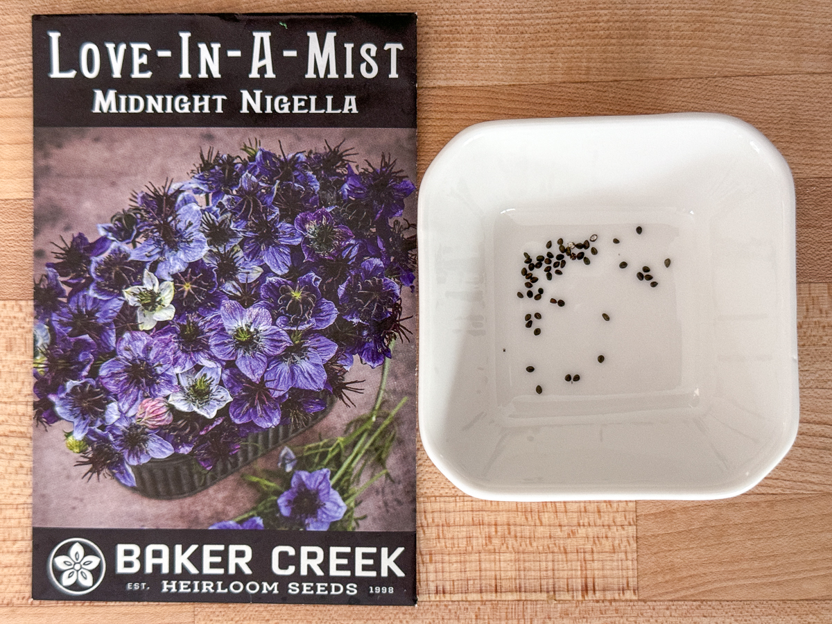 Love-in-a-Mist Midnight Nigella seed packet from Baker Creek Heirloom Seeds with seeds in a white dish beside the packet